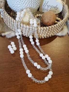 HANDMADE White Waist Length Necklace and Earrings Set